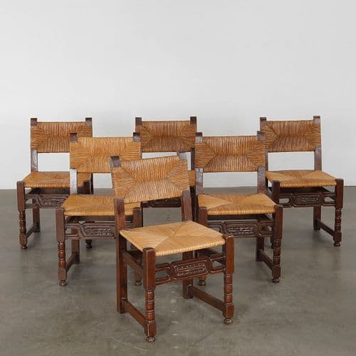 Set of Six Brutalist Wood and Rope Chairs, 1960s