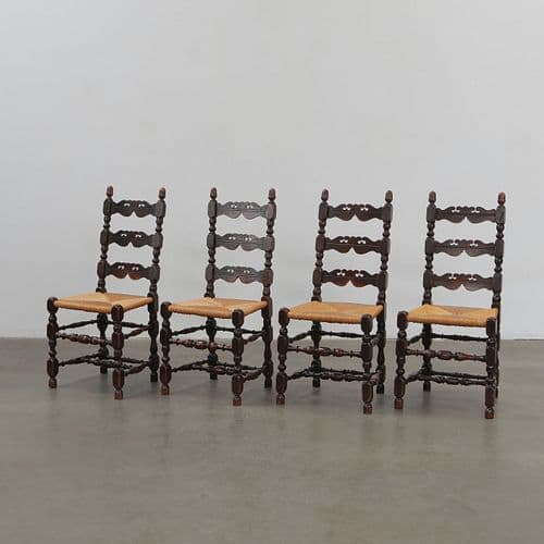 Set of 4 Brutalist Wood and Straw Chairs, 1960s