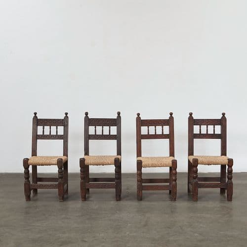 Set of Four Brutalist Oak and Straw Chairs, France, 1950s