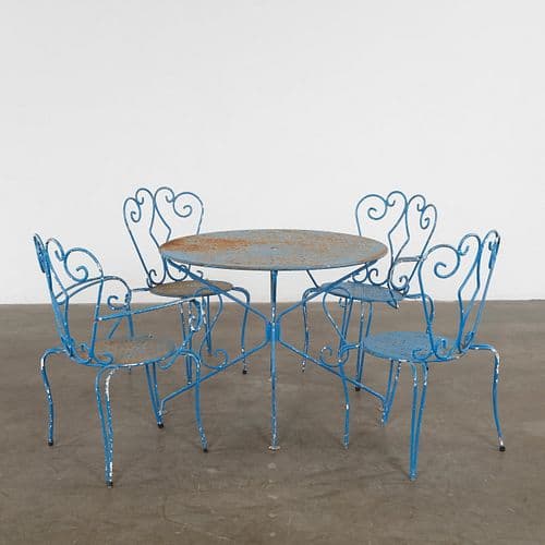 Mathieu Mategot, Blue Outdoor Perforated Dining Set, 1960s