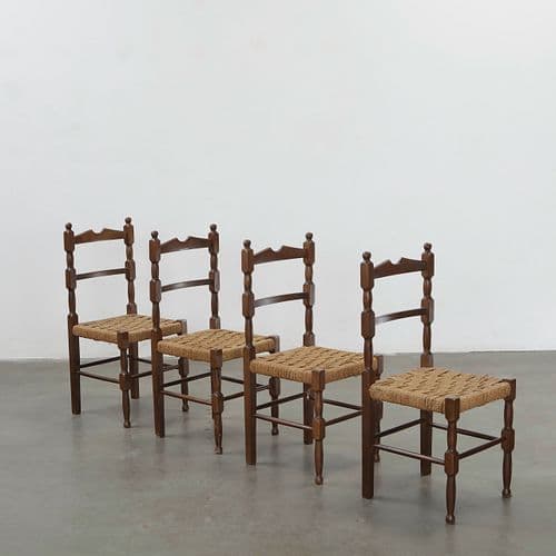 Set of Four French Provincial Chair with Rush Seat and Turned Wood Frame, 1940s
