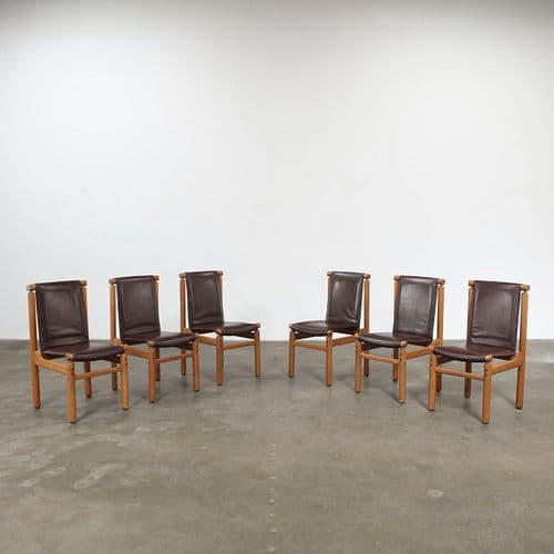 Ilmari Tapiovaara, Set of Six Wood and Leather Chairs, Finland, 1960s