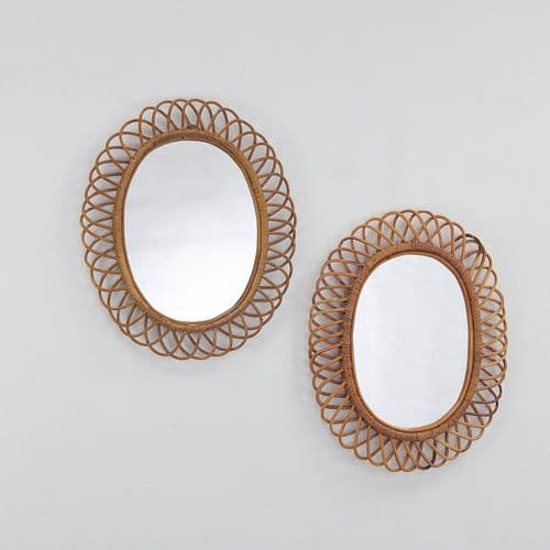 Pair of Small Italian Rattan Mirrors, 1960s