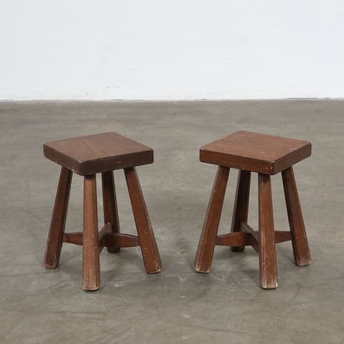 Pair of Brutalist Dark Wood Stools, France, 1960s