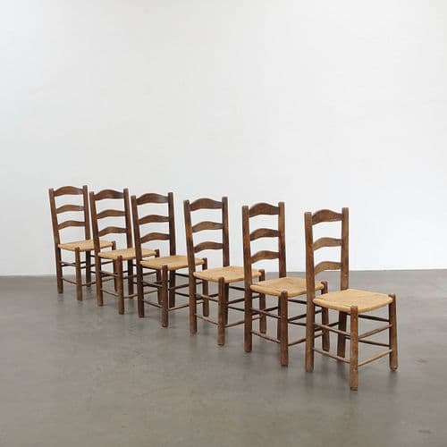 Set of Six Wood and Rope Chairs in the Style of Charlotte Perriand, France, 1950s