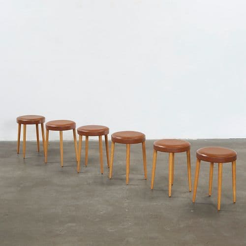 Baumann, Set of Six Wood and Leatherette Stools, 1960s