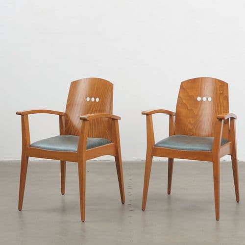 Baumann, Pair of Leatherette and Wood Armchairs, France, 1960s