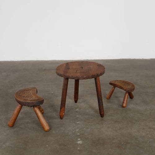 Set of Brutalist Coffee Table with Wooden Stools, 1960s