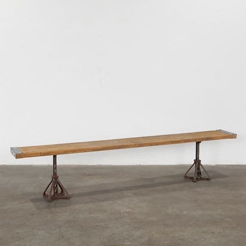 Industrial Wood Bench With Metal Feet, 1940s
