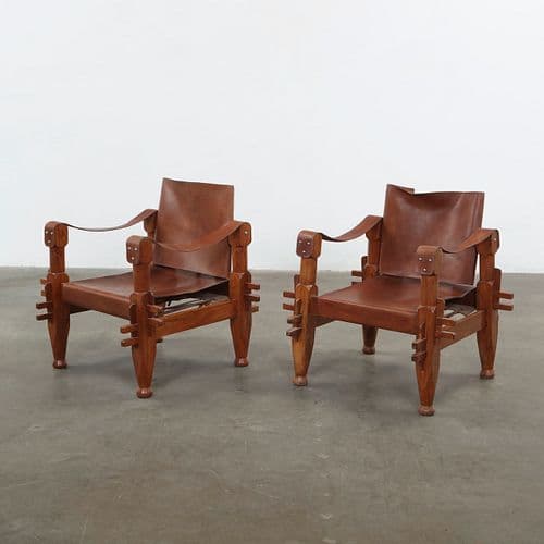 Pair of Brazilian Leather and Wood Armchairs, 1970s
