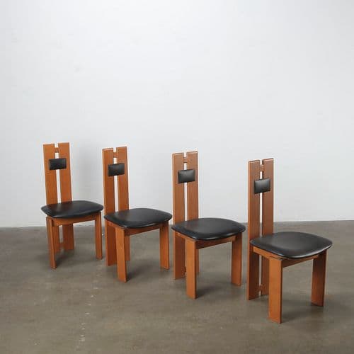 Set of Four Postmodern High-Back Dining Chairs with Black Leather Seats, 1980s