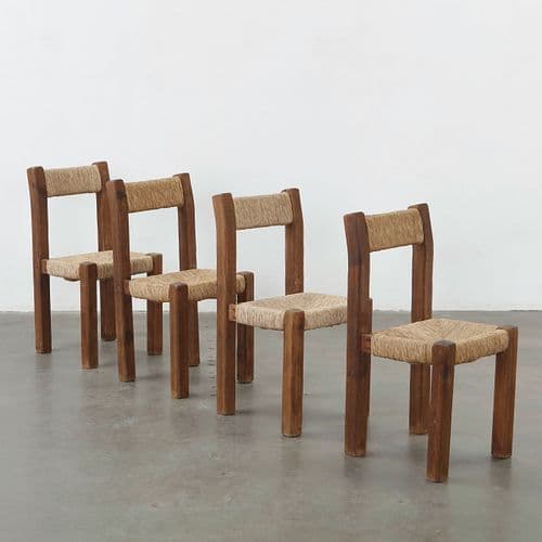 Set of Four Rustic Straw-Wrapped Chairs, French Country Style, 1950s