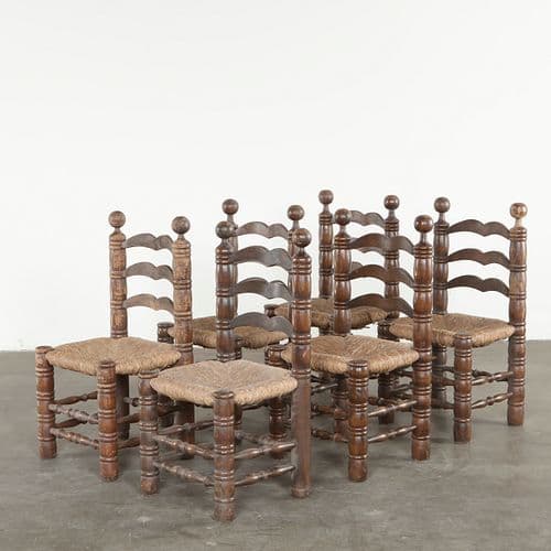 Charles Dudouyt, Set of Six Wood and Straw Chairs, 1950s