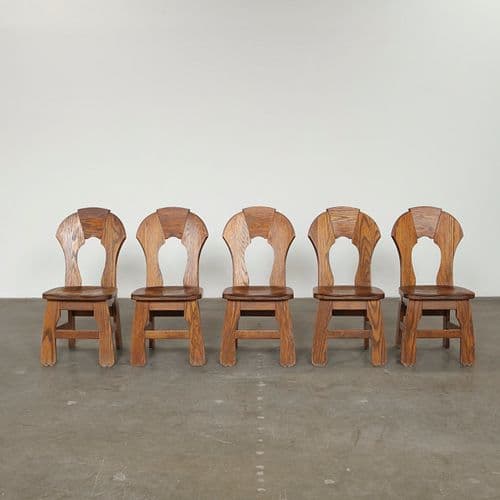 Set of Five Oak Brutalist Dining Chairs, 1970s