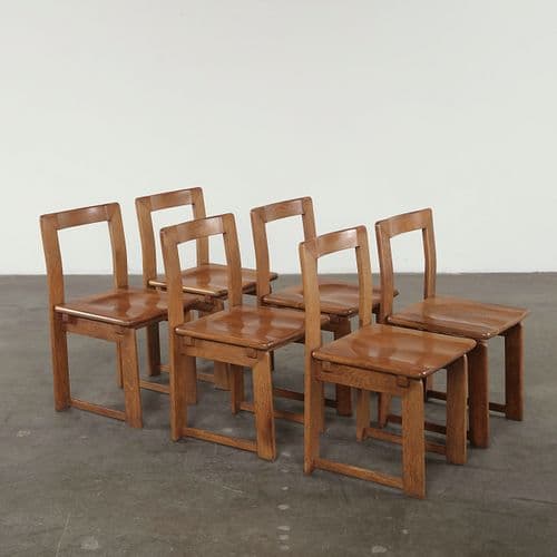 Scavolini, Italian Set of Six Rustic Oak Dining Chairs, 1950s