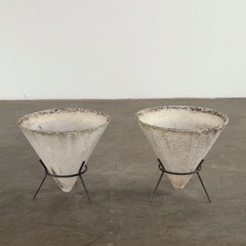 Willy Guhl, Pair of Conical Planters on Iron Stands, 1960s