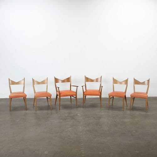 Paul McCobb, Set of Six Irwin Walnut Bow-Tie Dining Chairs with Orange Leather Upholstery, 1950s