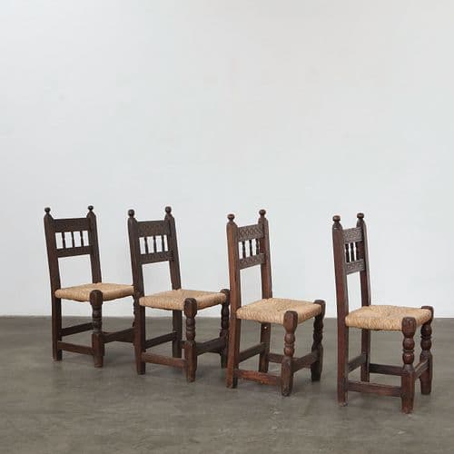 Set of Four Brutalist Oak and Straw Chairs, France, 1950s
