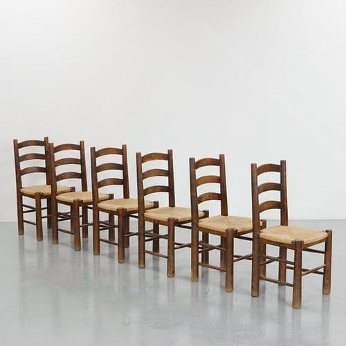 Charles Dudouyt, Set of Six Straw and Wood Dining Chairs, 1960s