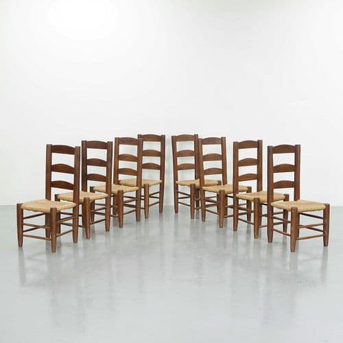Charles Dudouyt, Set of Eight Straw and Wood Dining Chairs, 1960s