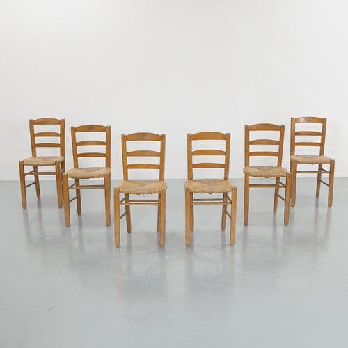 Set of Six Rope and Wood Chairs in the style of Charlotte Perriand, 1960s