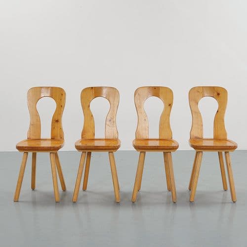Set of Four French Farm Pine Chairs, 1960s
