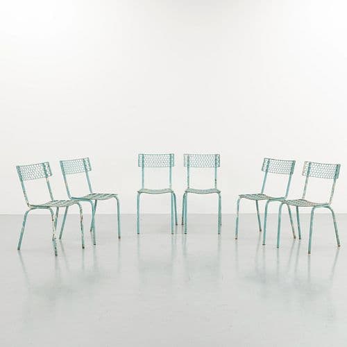 Rene Malaval, Set of Six Perforated Steel Bistro Chairs, 1950s