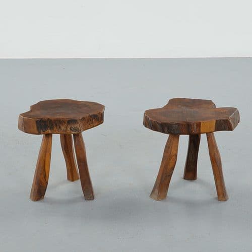 Pair of Brutalist Wood Stools, 1950s