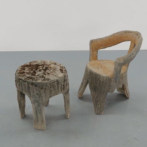 Faux Bois Concrete Chair with Matching Side Table, 1960s