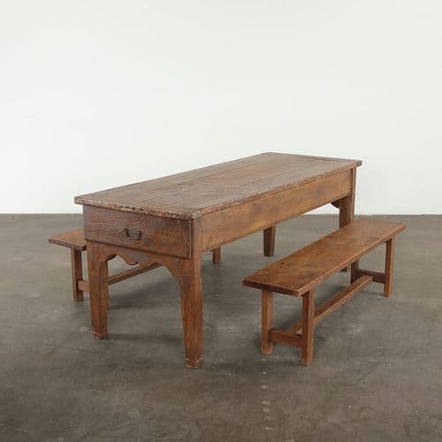 French 19th Century Oak Monastic Dining Table with Two Benches