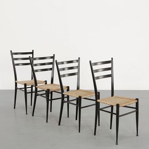 Set of Four Rope and Black Laquered Wood Chairs in the style of Gio Ponti, 1960s