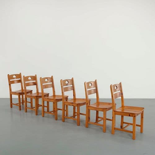 Set of Six Pine Chairs in the Style of Charlotte Perriand, 1960s