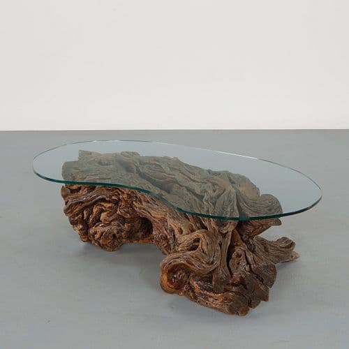 Monumental Root Wood Cocktail Table with Oval Glass Top, 1970s