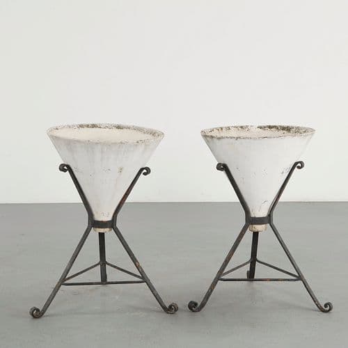 Willy Guhl, Pair of Conical Planters on Metal Stands, 1960s