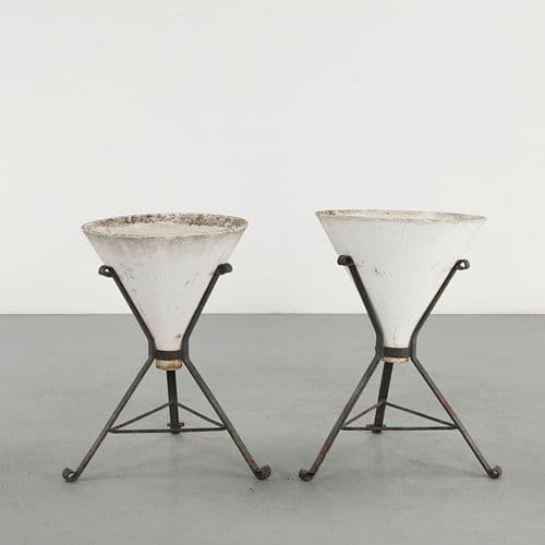 Willy Guhl, Pair of Conical Planters on Metal Stands, 1960s