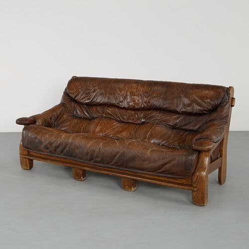 French Brutalist Leather Sofa, 1960s