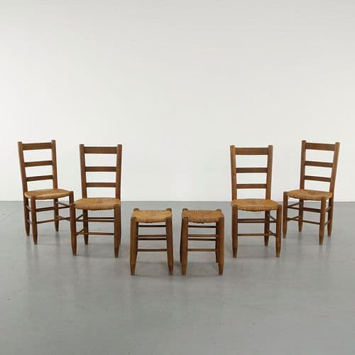Set of Four Wood and Straw Chairs and Two Stools in the style of Charlotte Perriand, 1960s