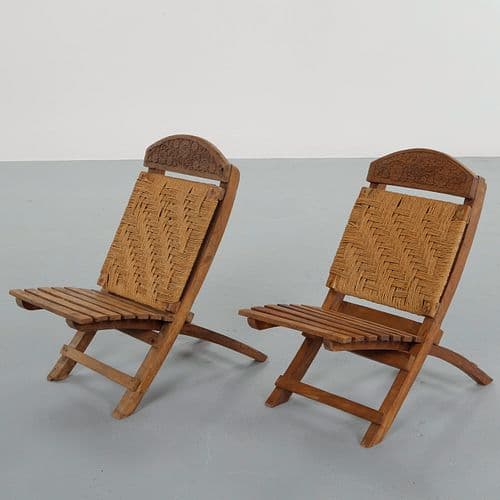 Pair of Brutalist Wood and Rope Chairs, 1960s