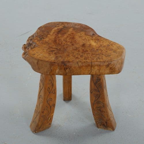 French Brutalist, Carved Burl Wood Low Stool, 1950s