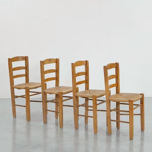 Set of Four Rope and Wood Chairs in the style of Charlotte Perriand, 1960s
