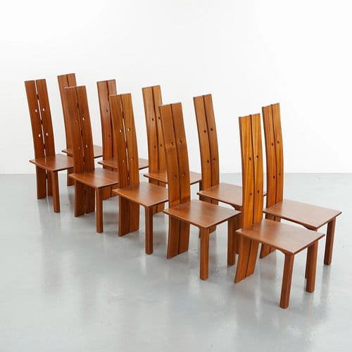 Set of Ten High Back Wood Dining Chairs in the style of Pierre Chapo, 1960s