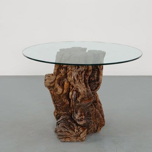 Sculptural Root Wood Pedestal Dining Table with Round Glass Top, 1970s