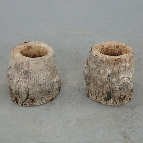 Pair of Round Faux Bois Concrete Planters, 1960s