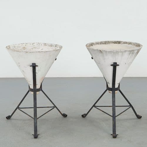 Willy Guhl, Pair of Conical Planters on Metal Stands, 1960s