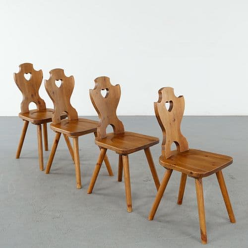 Set of Four Brutalist Folk Heart Back Dining Chairs, 1960s