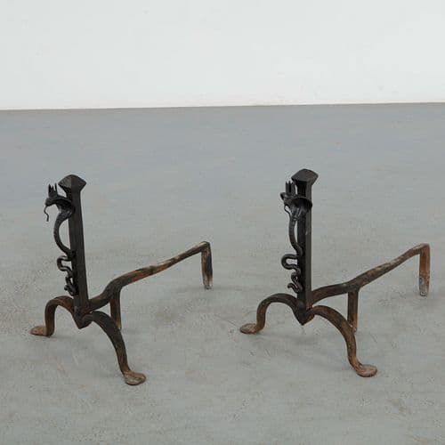 Pair of Italian Wrought Iron Snake Andirons, 1920s