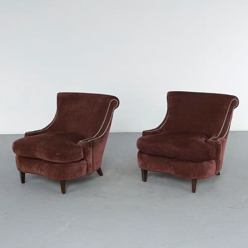 Pair of Burgundy Velvet Lounge Chairs in the style of Ralph Lauren, 1980