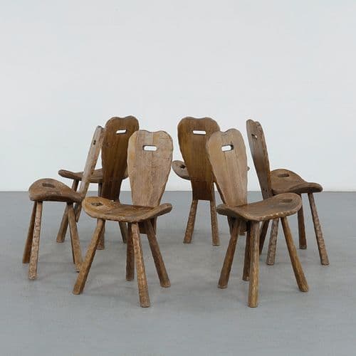 Set of Six Brutalist Wood Chairs, 1950s