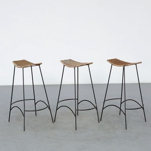 Arthur Umanoff, Set of 3 Metal and Rattan Barstools, 1950s