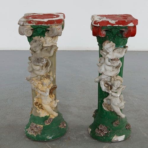 Pair of Decorative Erated Concrete Garden Pedestals with Cherub Reliefs, 1970s